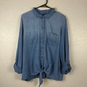J Jill Denim Size XL Blue Long Sleeve Button Up Shirt Cotton Shirt Tie Knot
